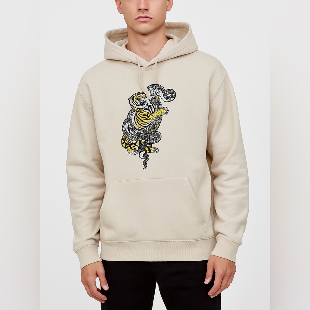 🐍 H&M‎ Tiger Snake Embroidered Beige Hoodie Streetwear Men Medium